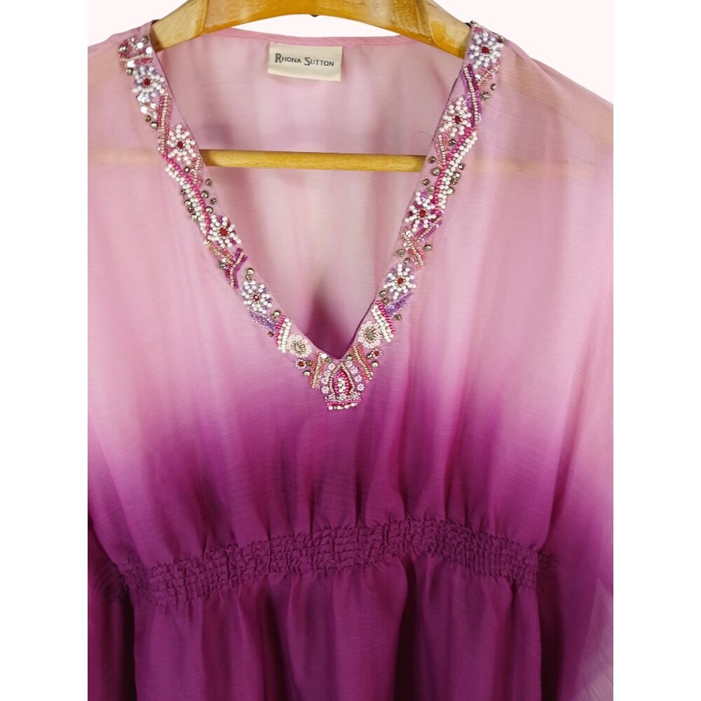 Rhona Sutton Ombre Pink Purple Beaded V Neck Sheer Tunic Top Cover Up Size M - Picture 2 of 11